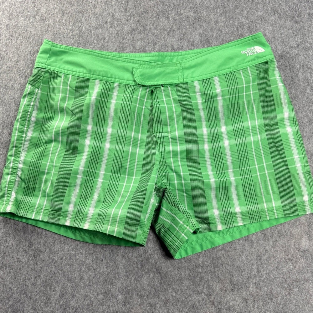 North Face Women's 12 Board Shorts Reversible Kelly Green Plaid Solid 34" waist